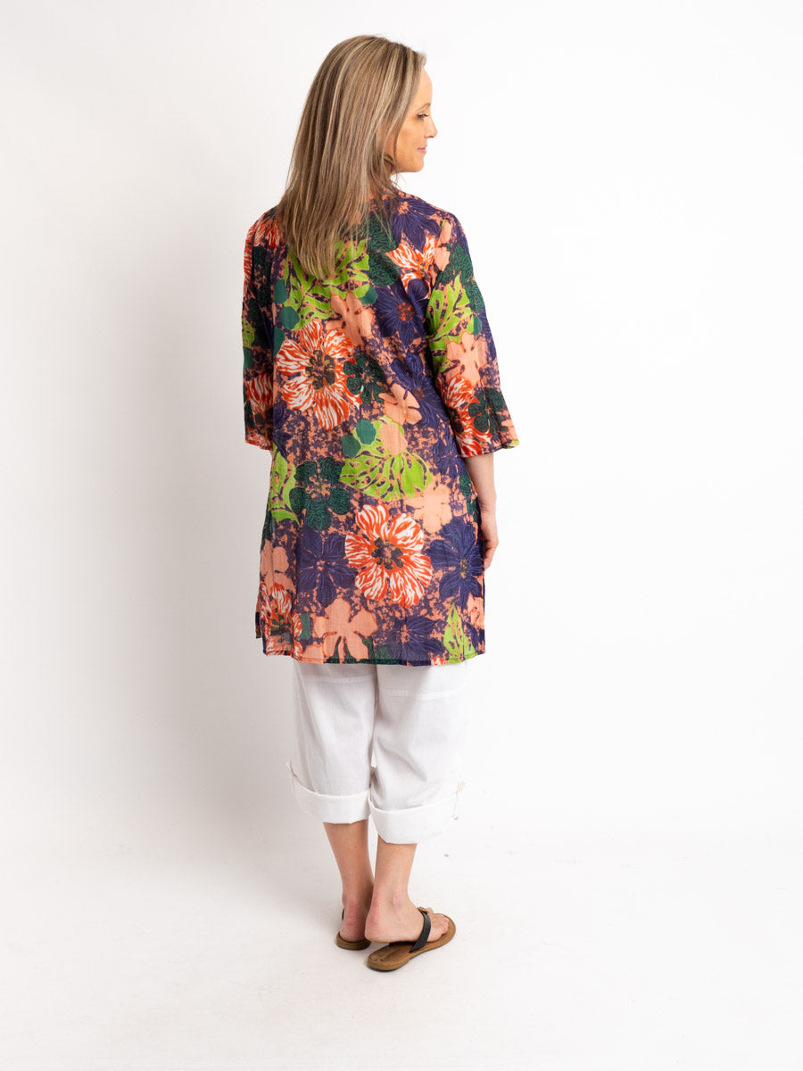 Long Top with Beaded V-neck in Grape and Flamingo Themed Print