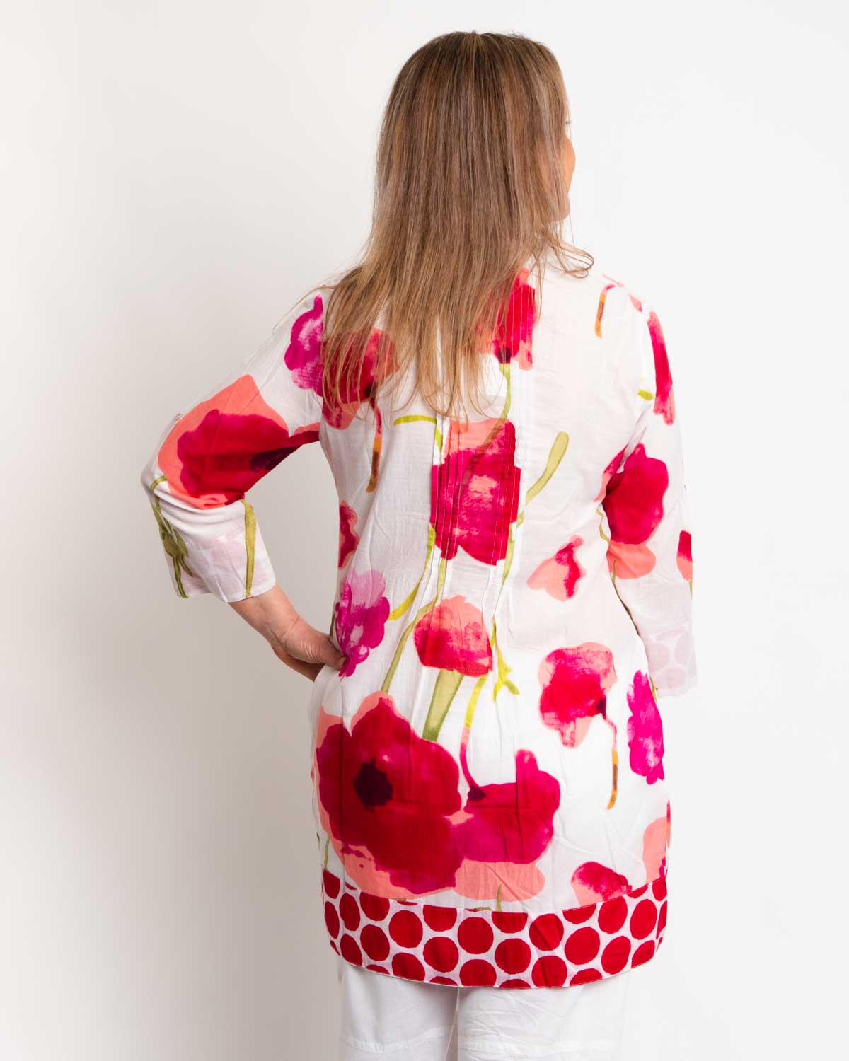 Pleated Long V-neck Top in Red Floral