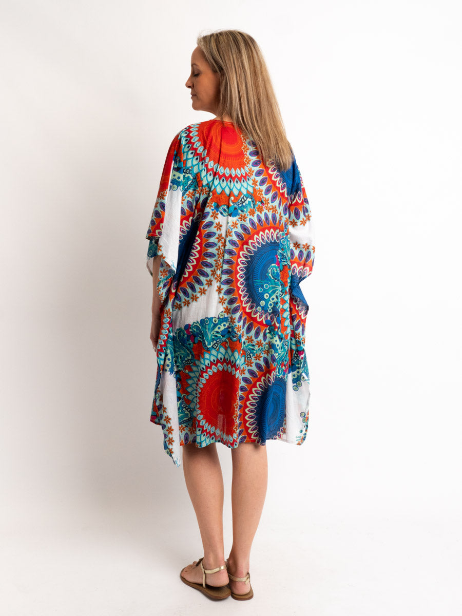 V-neck Dress Length Kaftan in Blue and Red Circles on White