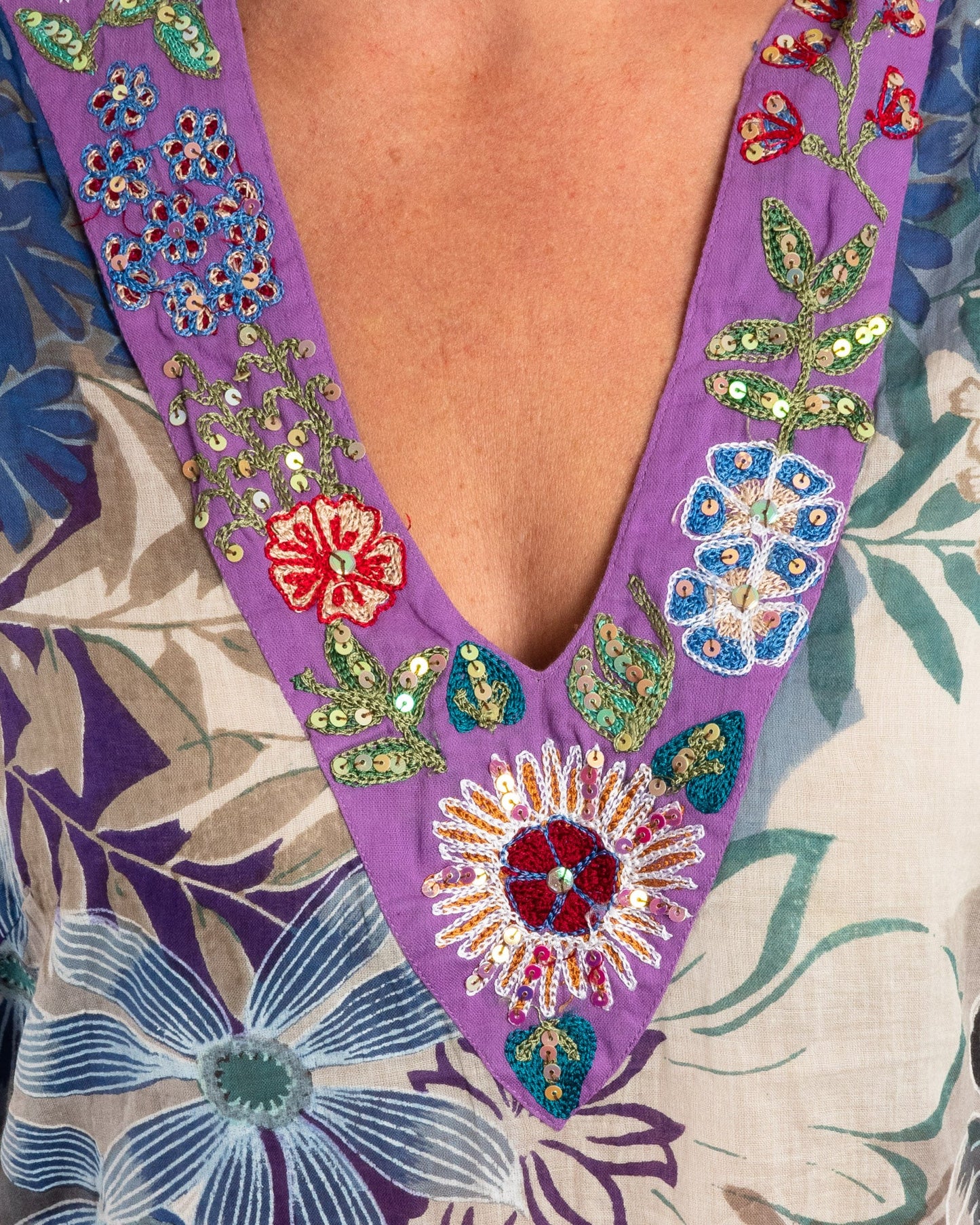 Sleeveless Summer Shift Dress with Embellished V-neck in Blue Mauve Floral