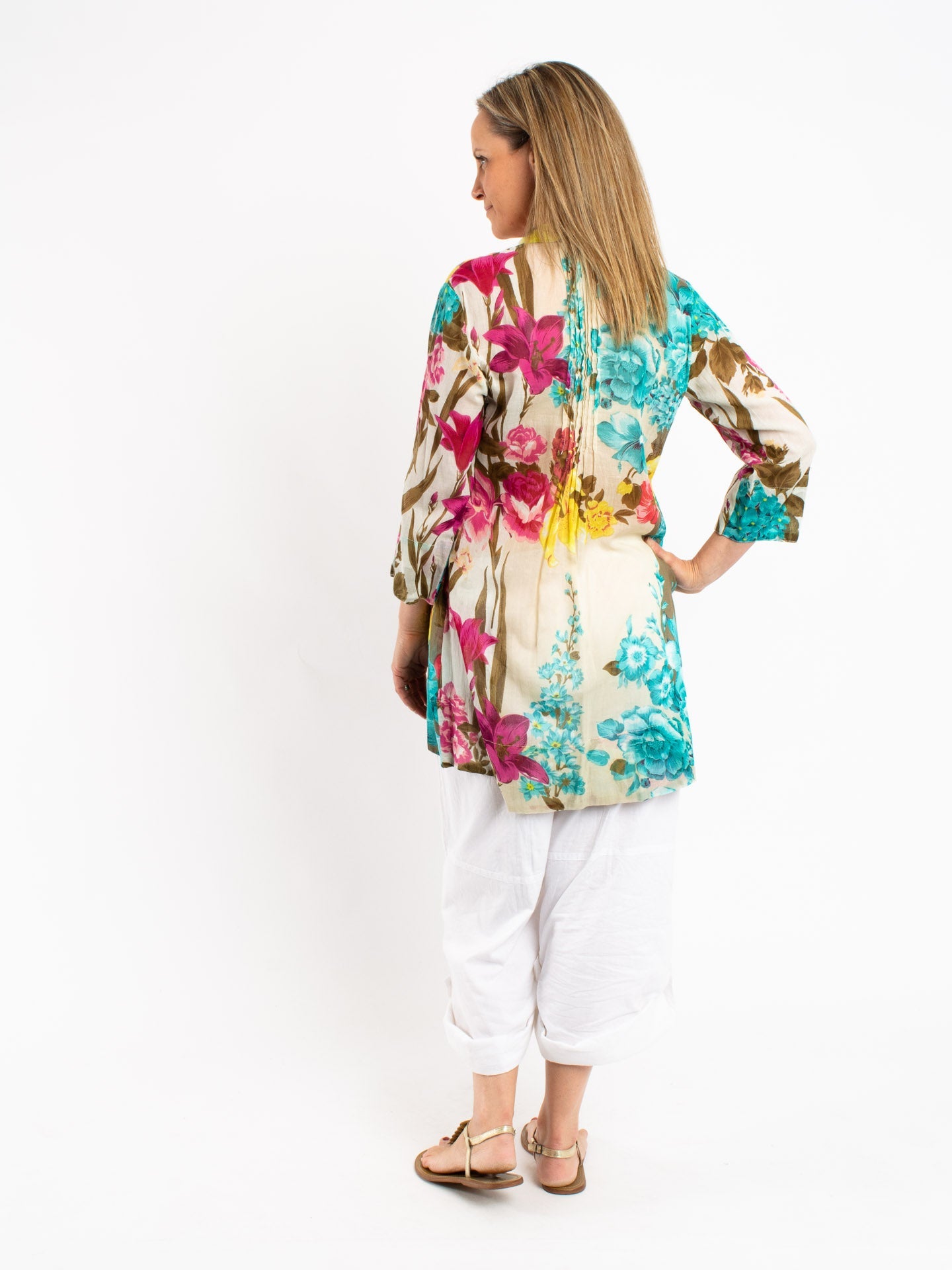 Pleated Long Top in Turquoise and Ecru