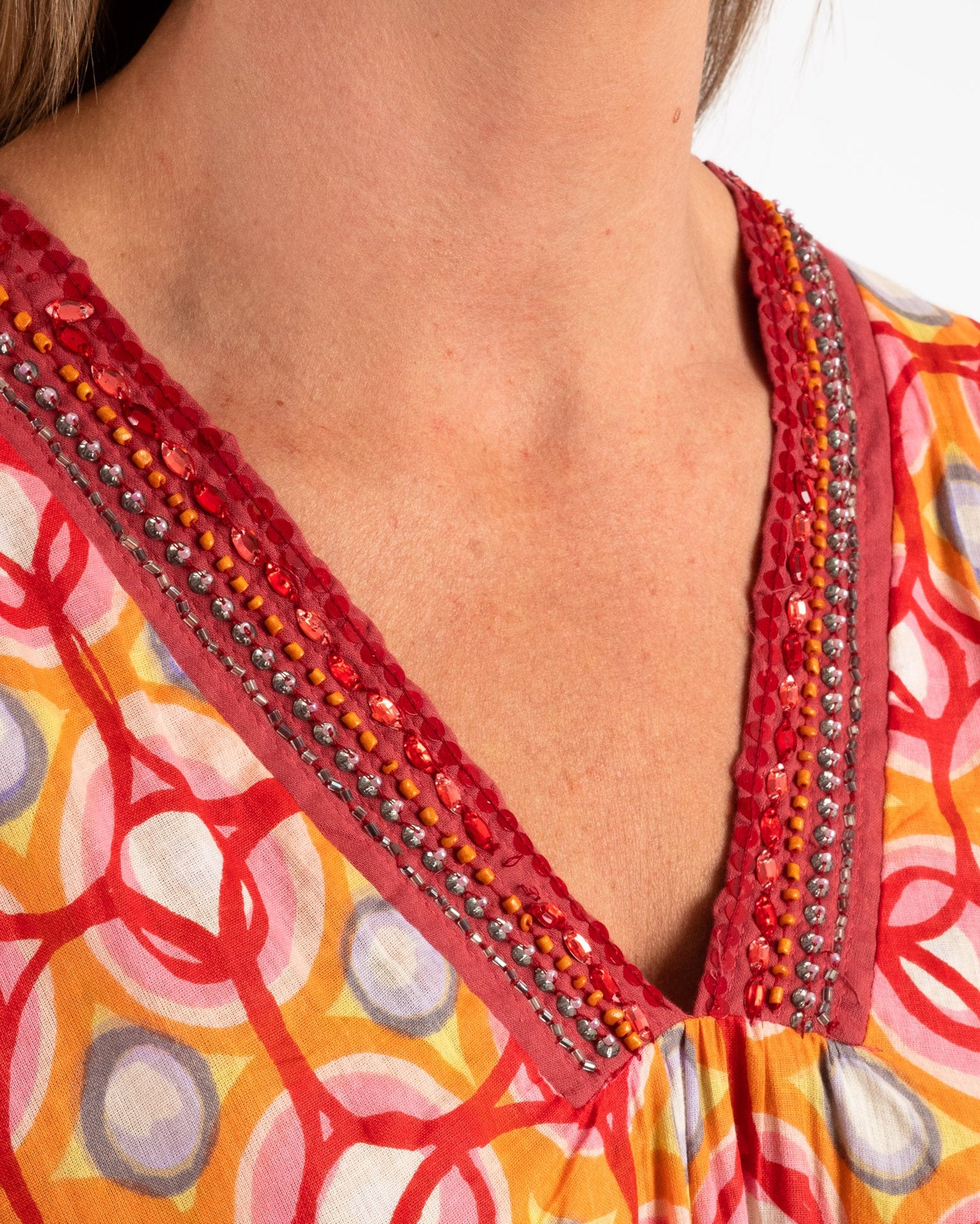 Soft Pure Cotton Kaftan in Red and Orange Circles