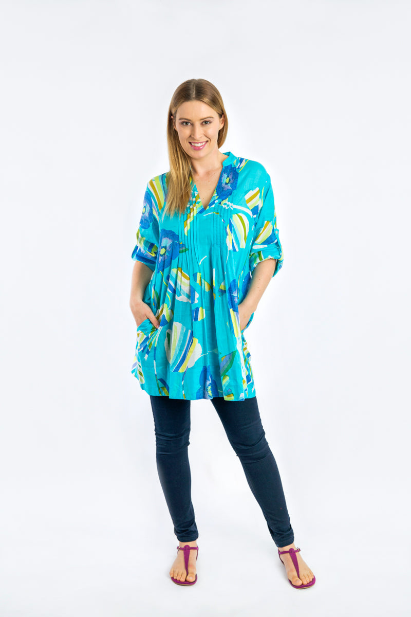 Tully Top in Aqua Poppies