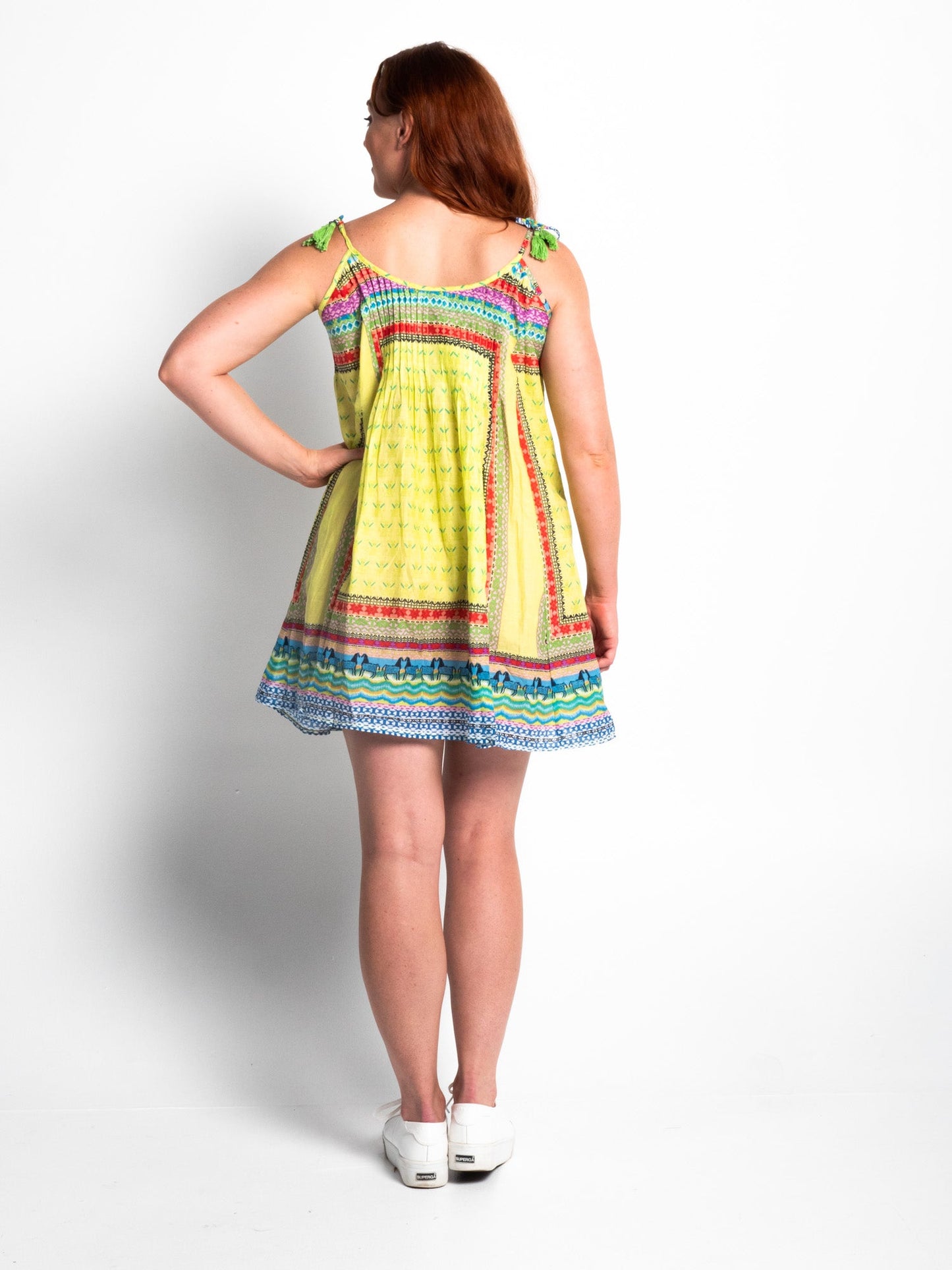 Chilli Shoulder Tie Dress in Lime Alpacas