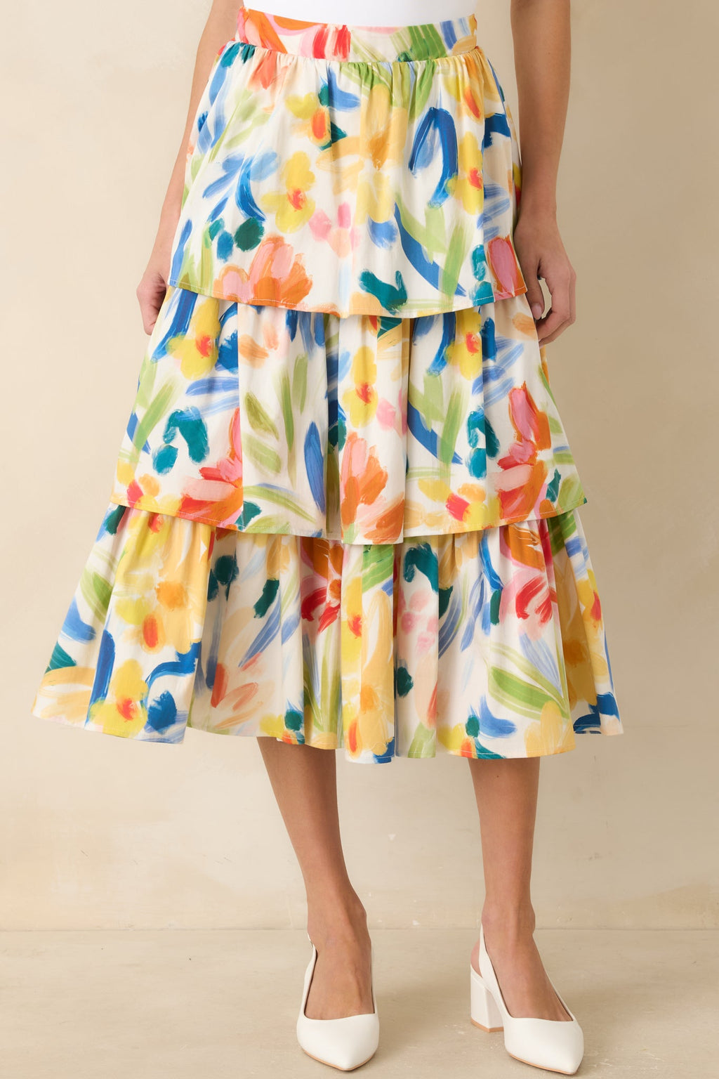 Prosperina Chantilly Multi Cotton Abstract Floral Print Tiered Midi Skirt