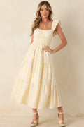 Meadow Mornings Yellow Stripe Floral Embroidered Cotton Maxi Dress
