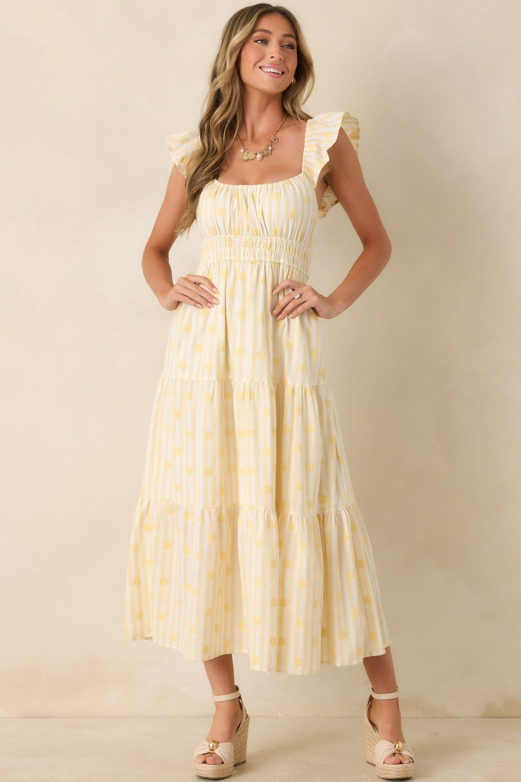 Meadow Mornings Yellow Stripe Floral Embroidered Cotton Maxi Dress