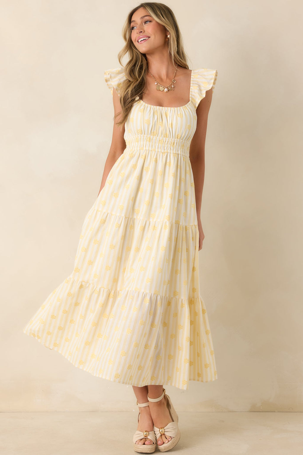 Meadow Mornings Yellow Stripe Floral Embroidered Cotton Maxi Dress
