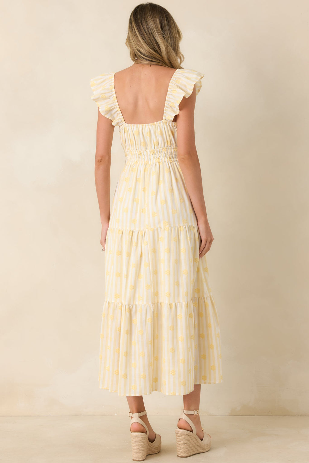 Meadow Mornings Yellow Stripe Floral Embroidered Cotton Maxi Dress