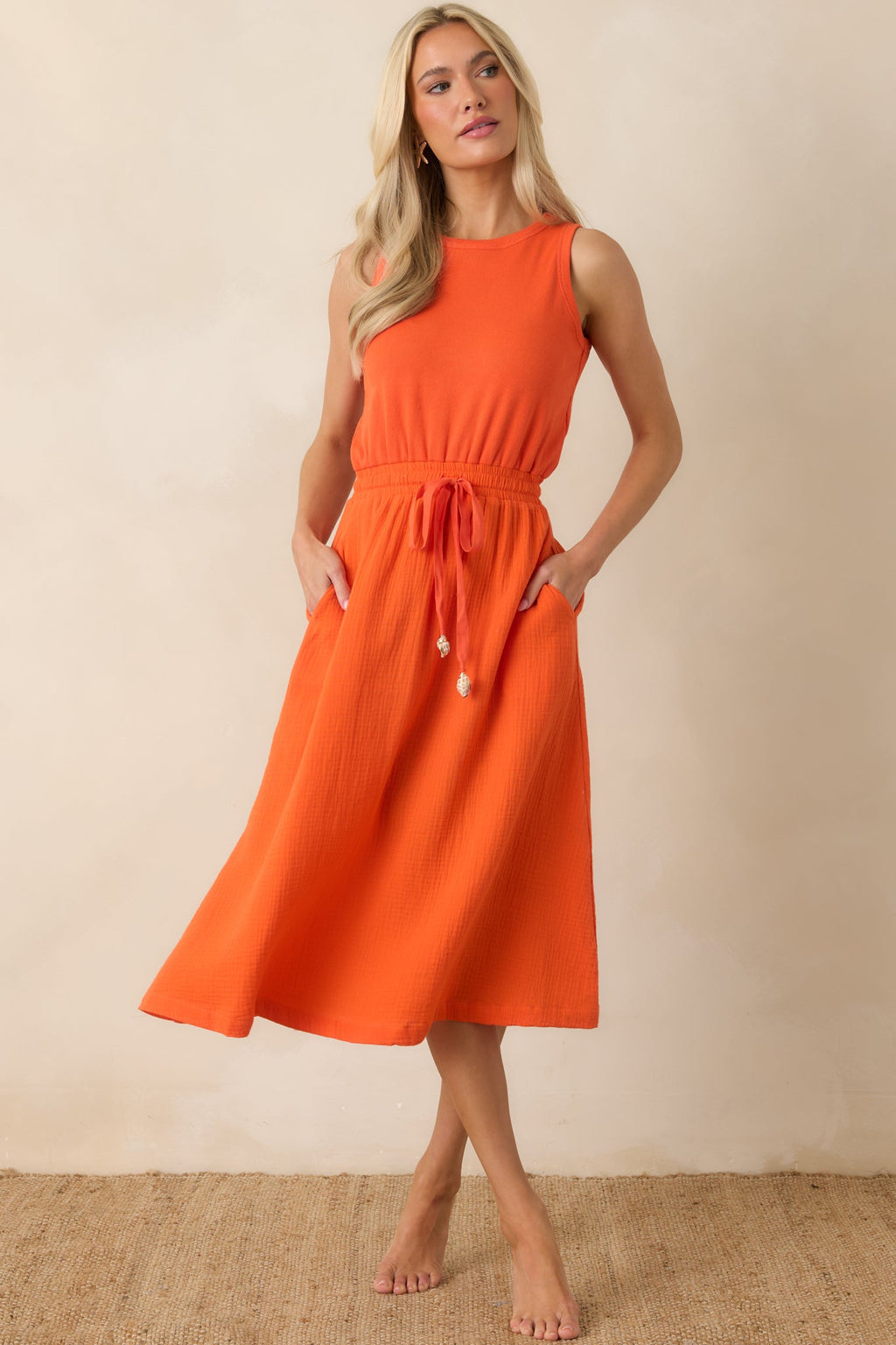 Paradisa Bonita Orange Cotton Sleeveless Midi Dress