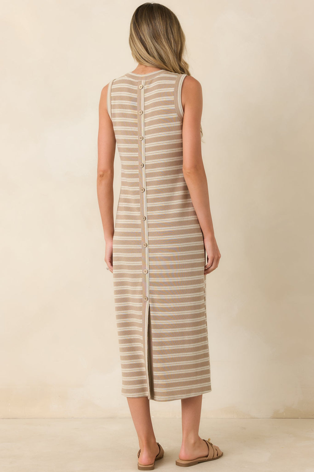 Sunlit Simplicity Taupe Stripe Button Back Midi Dress