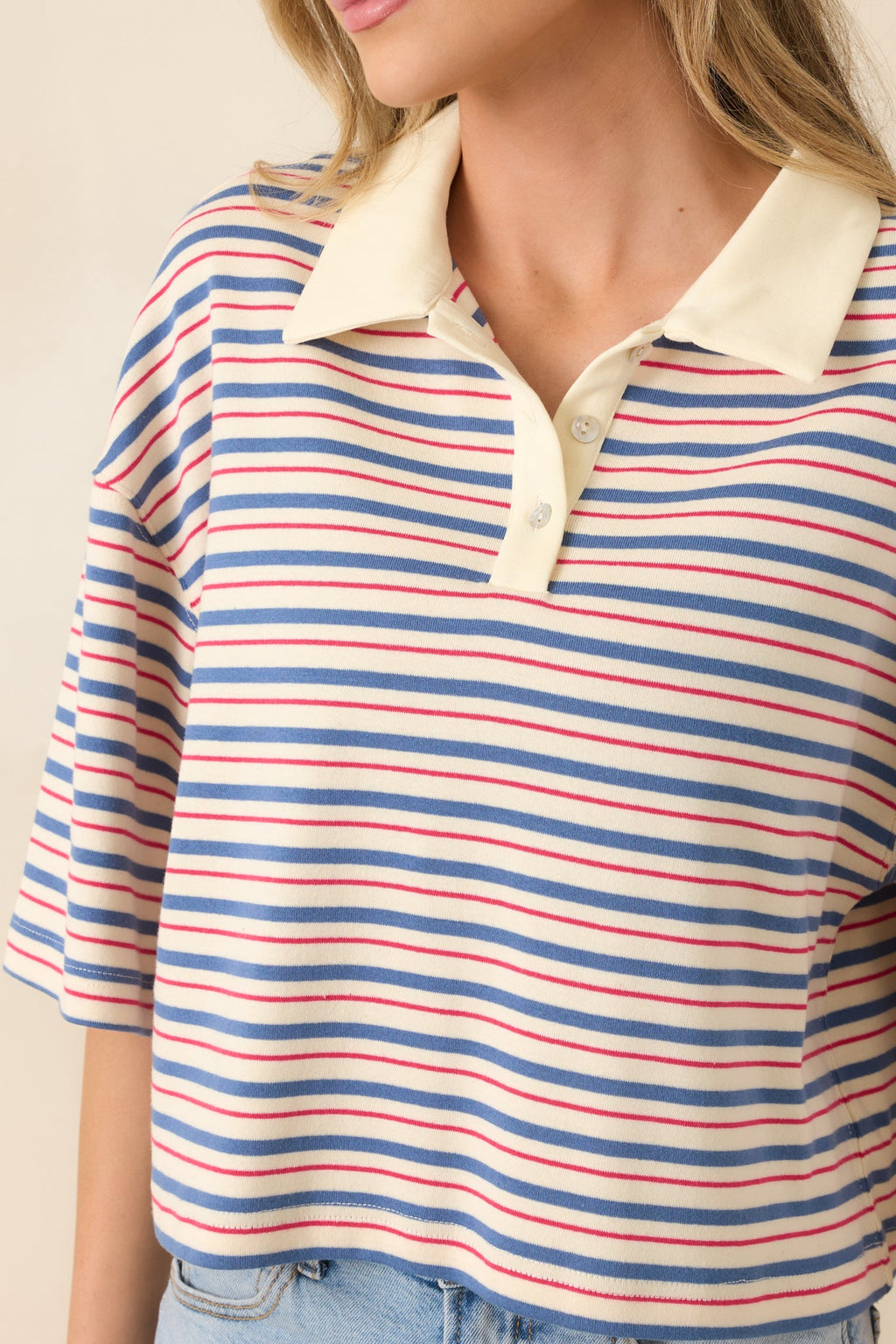 Varsity Charm Blue Multi Stripe Boxy Cotton Polo Top