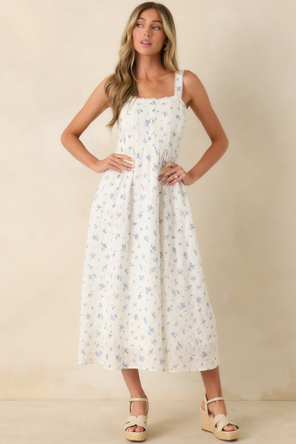 Forget Me Not Blue Floral Cotton Swiss Dot Prairie Midi Dress