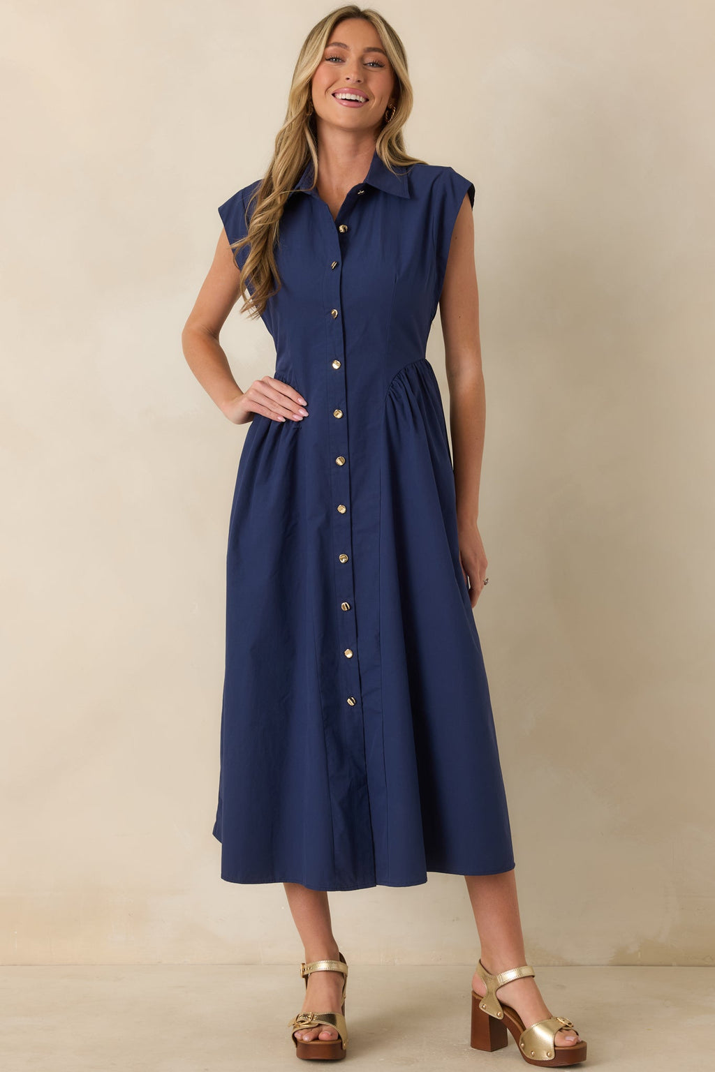 The Good Life Navy Cotton Button Front Midi Dress
