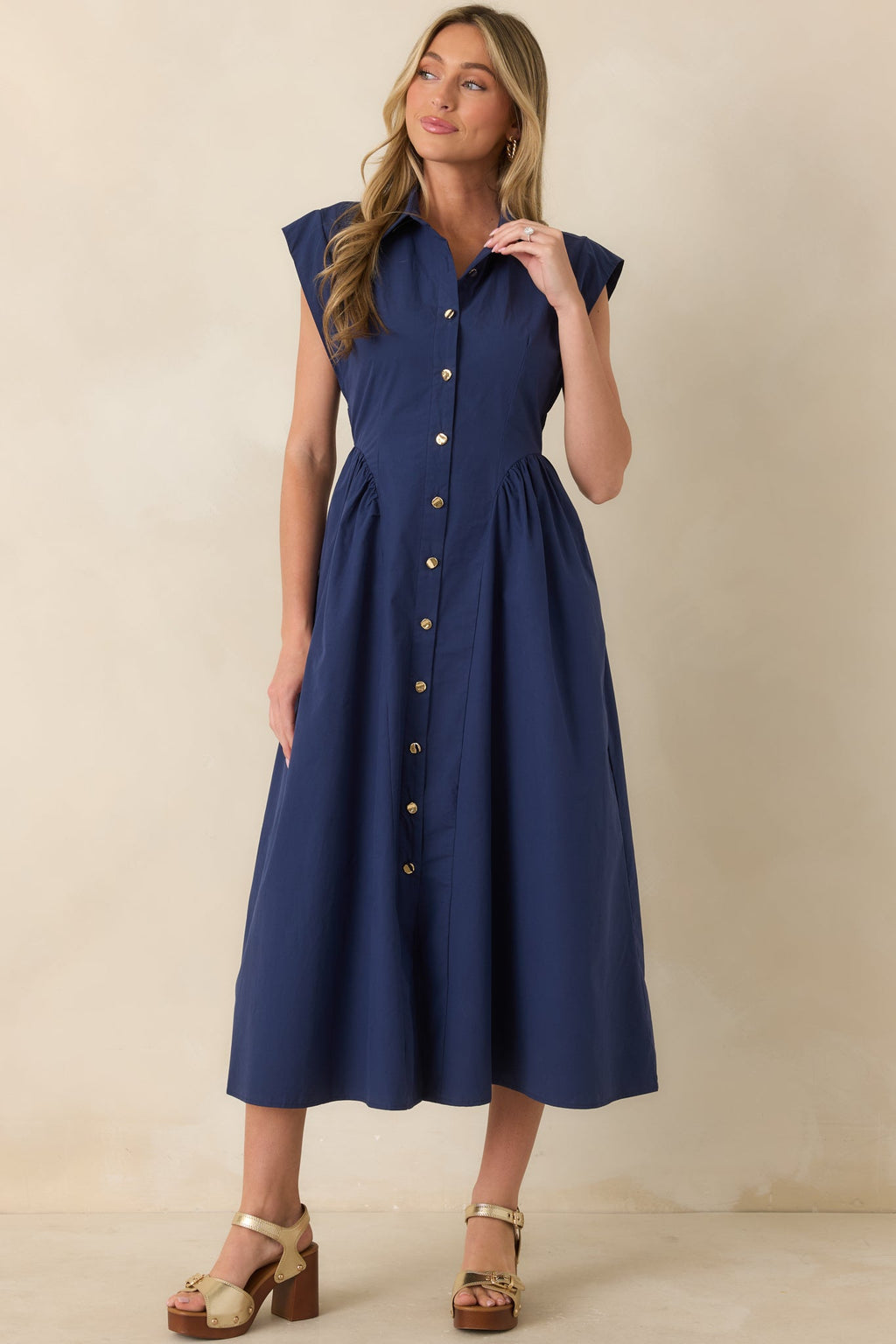 The Good Life Navy Cotton Button Front Midi Dress