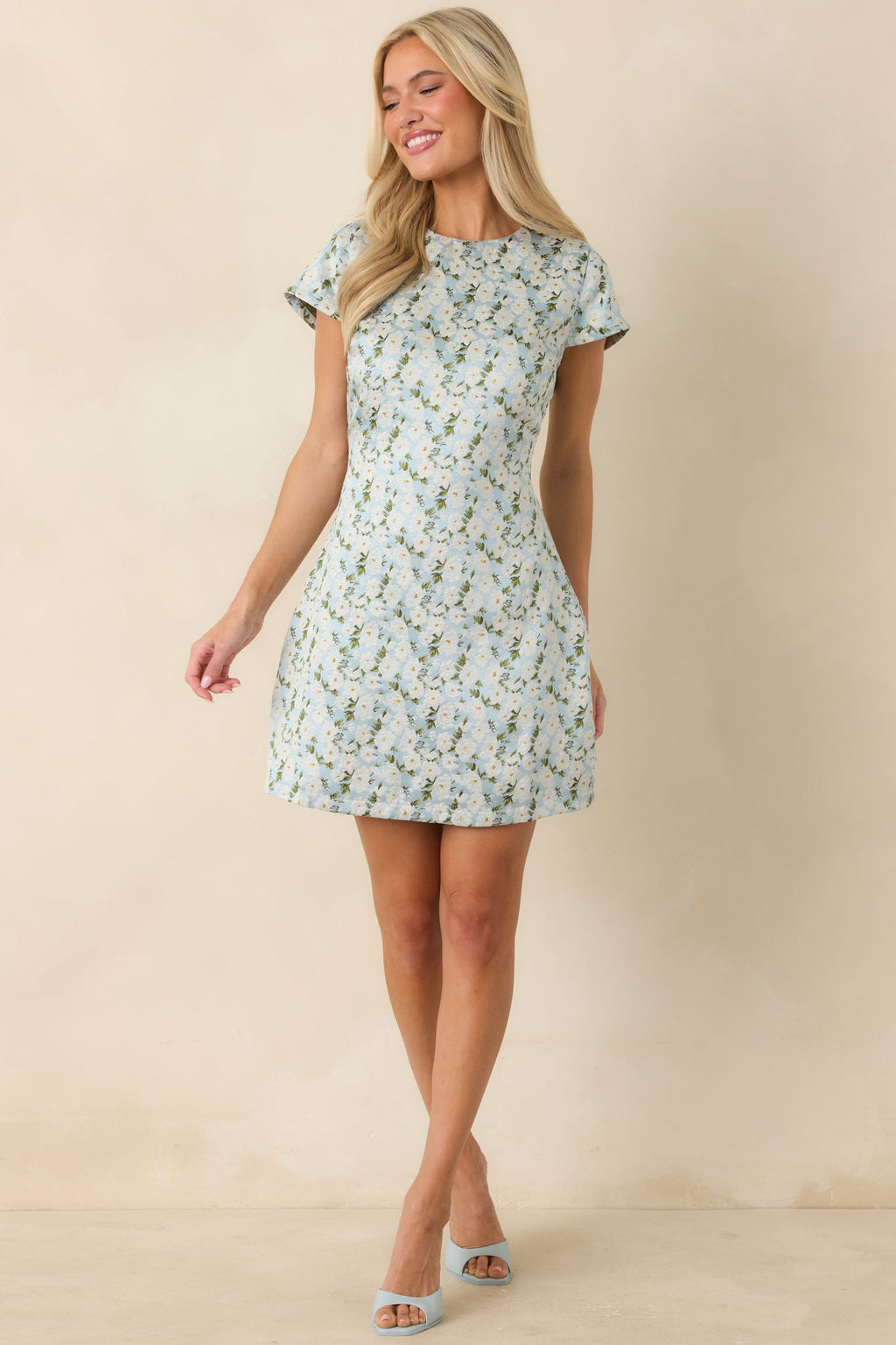 Petals on the Promenade Light Blue & White Floral Jacquard Mini Dress