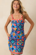 Paradisa Thira Blue Mediterranean Tile Print Linen Blend Mini Dress