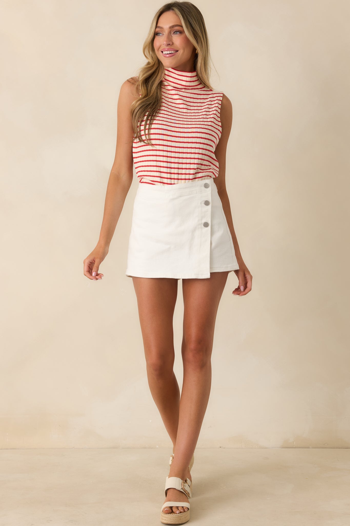 Keep It In Line Red Stripe Mockneck Sleeveless Top