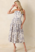 The Genevieve Cotton Navy Blue Toile Strapless Midi Dress