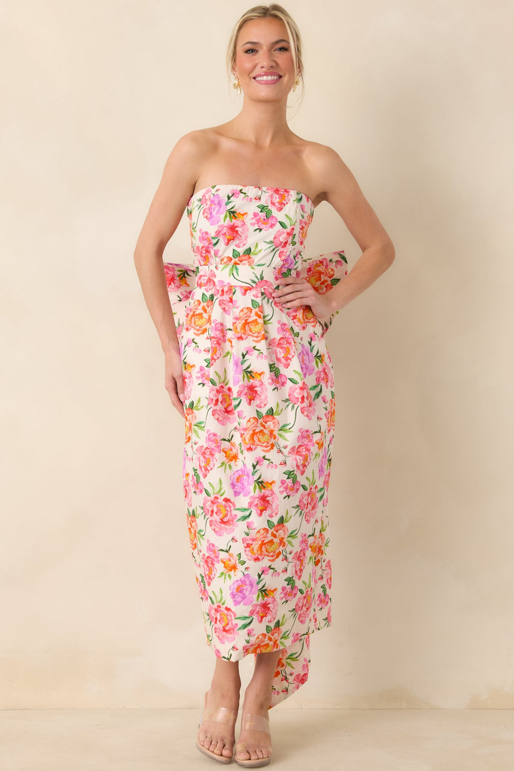Prosperina Lisette Pink Multi Floral Cotton Strapless Midi Dress