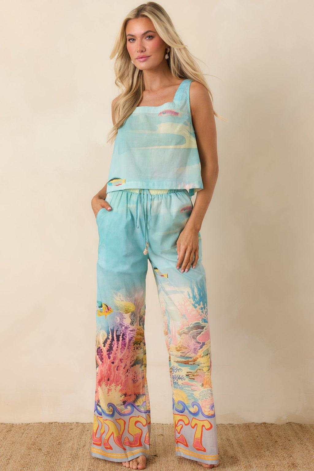 Paradisa Gulf Coast Blue Multi Cotton Reef Print Pants