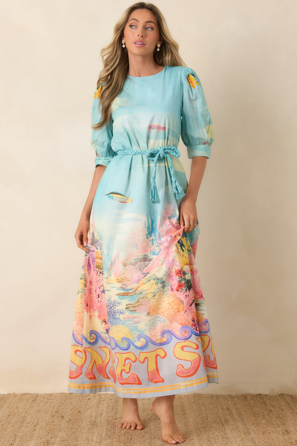 Paradisa Ponte Vedra Blue Multi Cotton Reef Print Maxi Dress