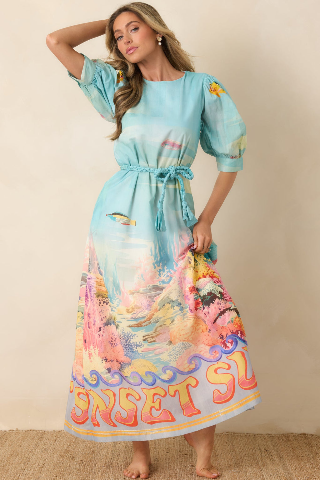 Paradisa Ponte Vedra Blue Multi Cotton Reef Print Maxi Dress
