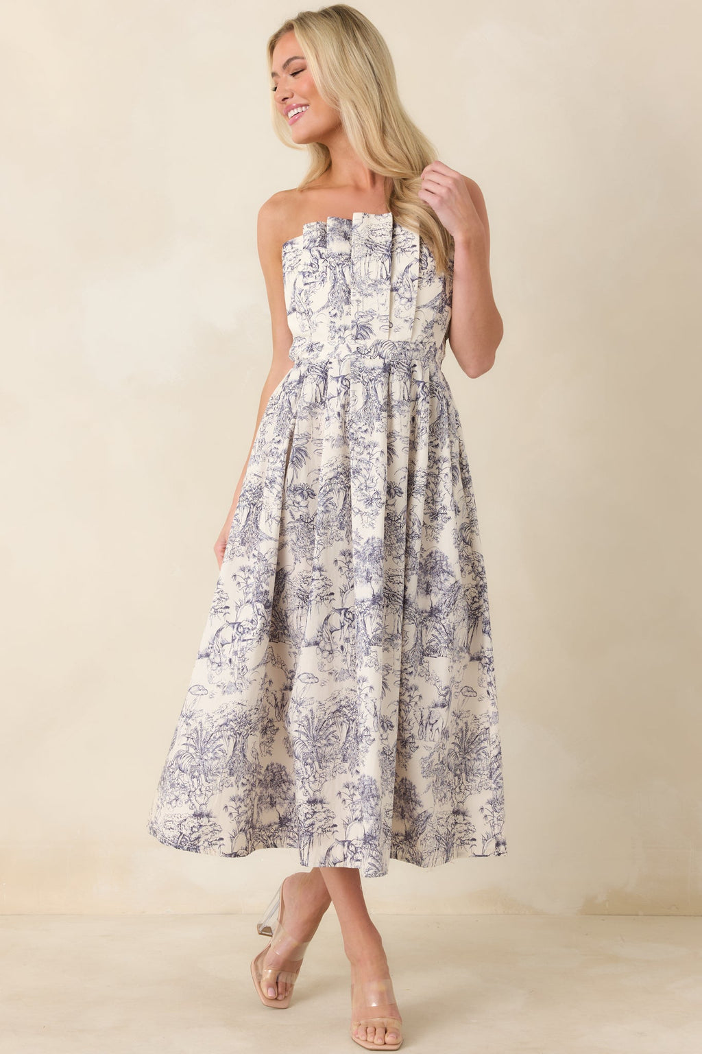 The Genevieve Cotton Navy Blue Toile Strapless Midi Dress