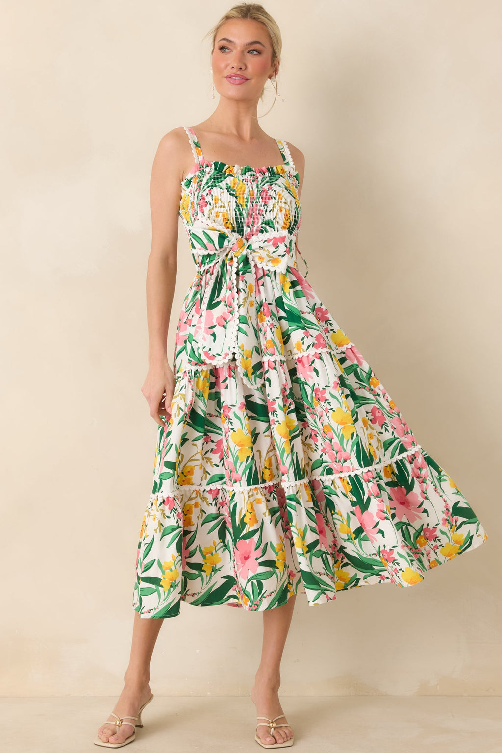 Prosperina Darcy Green & Pink Multi Floral Cotton Midi Dress