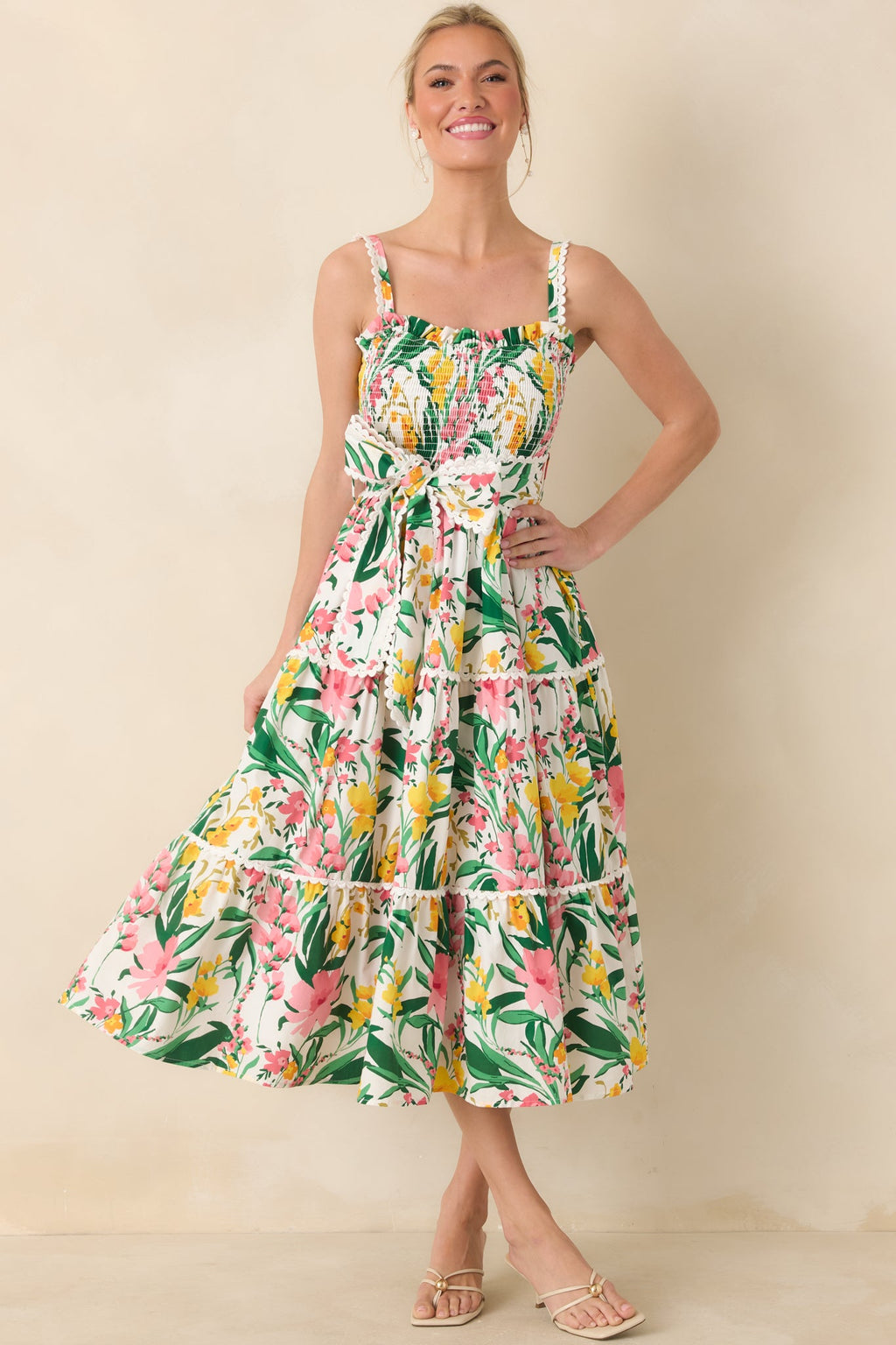 Prosperina Darcy Green & Pink Multi Floral Cotton Midi Dress