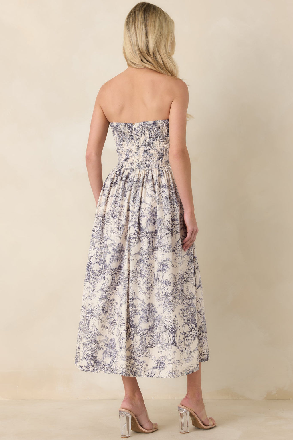 The Genevieve Cotton Navy Blue Toile Strapless Midi Dress
