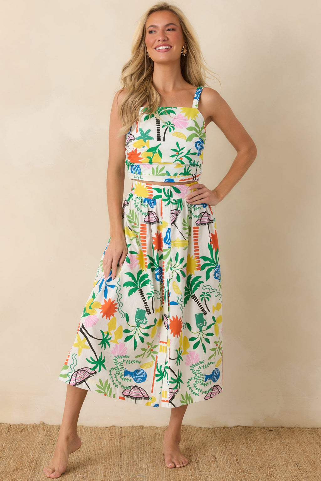 Paradisa Caicos White Multi Cotton Coastal Resort Print Crop Top