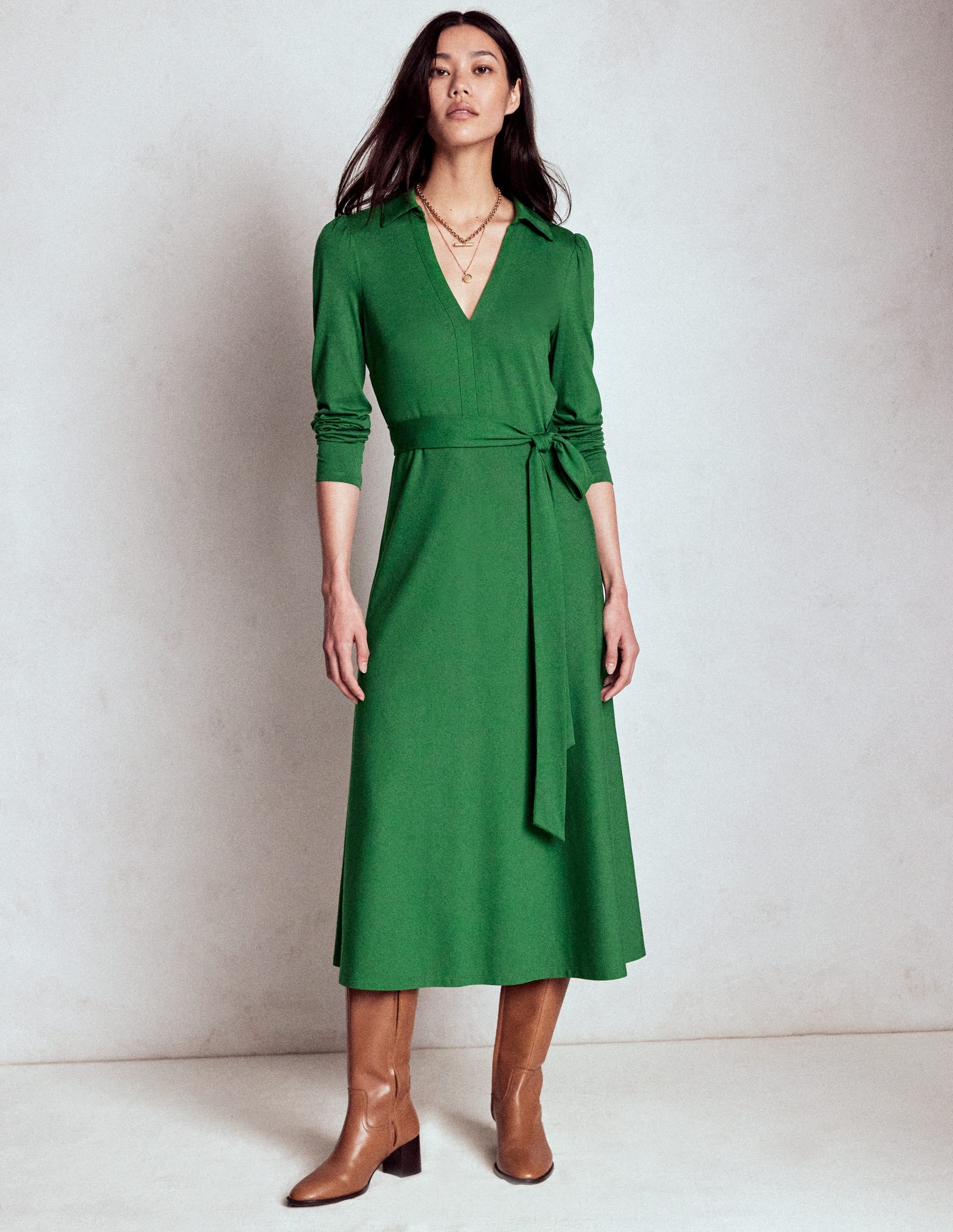 Imogen Collared Jersey Dress-Pine Green
