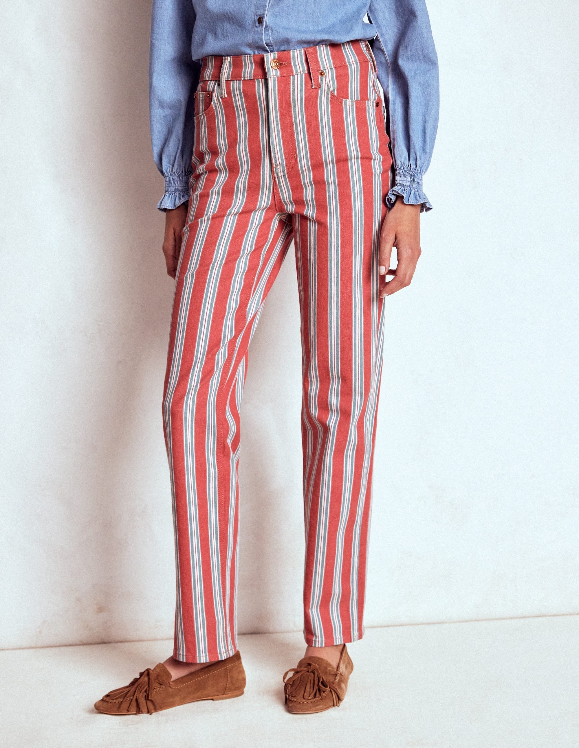 High Rise Stripe Jeans-Red, Blue and Pink Stripe