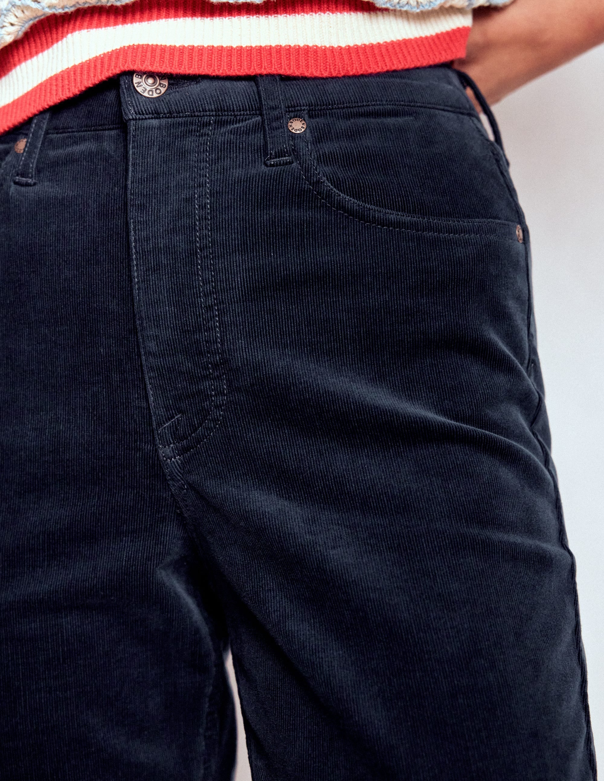 High Rise Cord Slim Jeans-Navy
