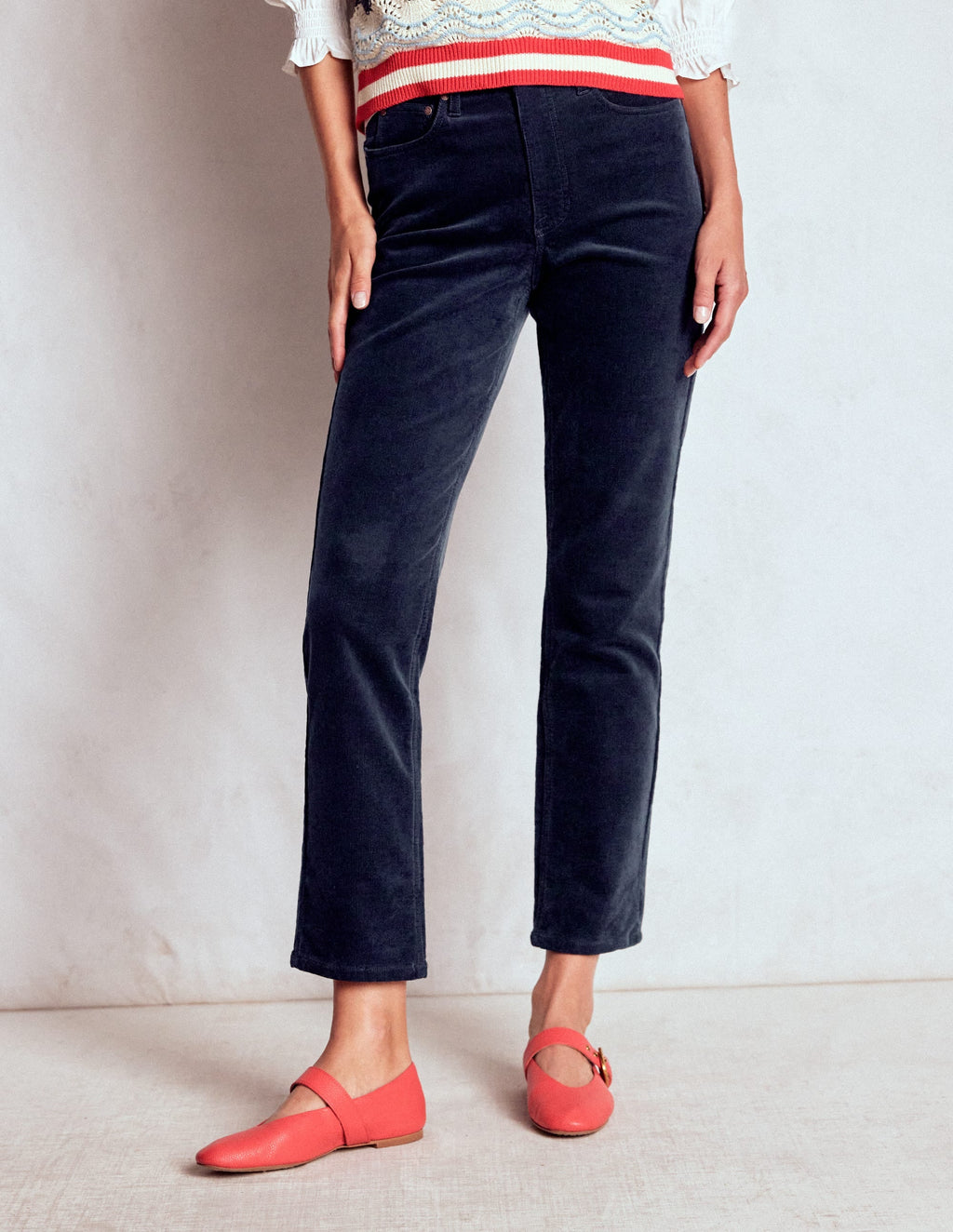 High Rise Cord Slim Jeans-Navy