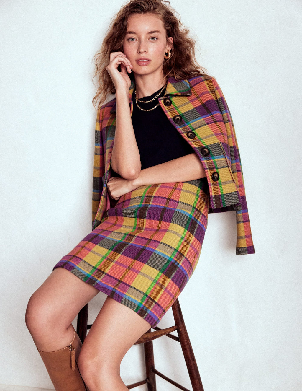 Wool Blend A-Line Skirt-Yellow, Pink and Green Check