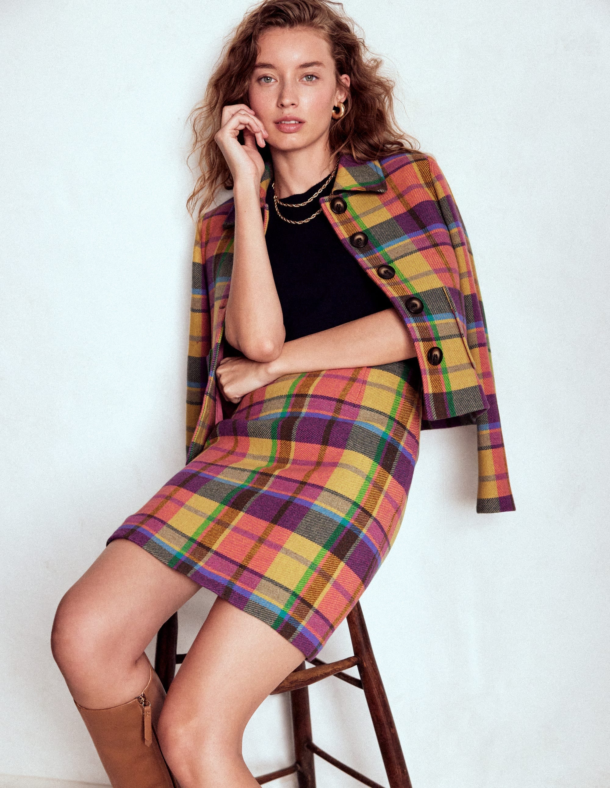 Wool Blend A-Line Skirt-Yellow, Pink and Green Check