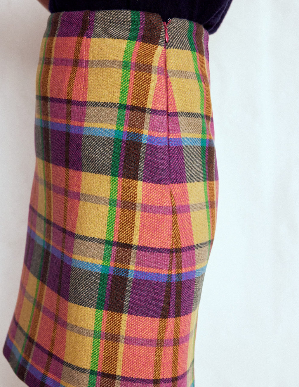 Wool Blend A-Line Skirt-Yellow, Pink and Green Check