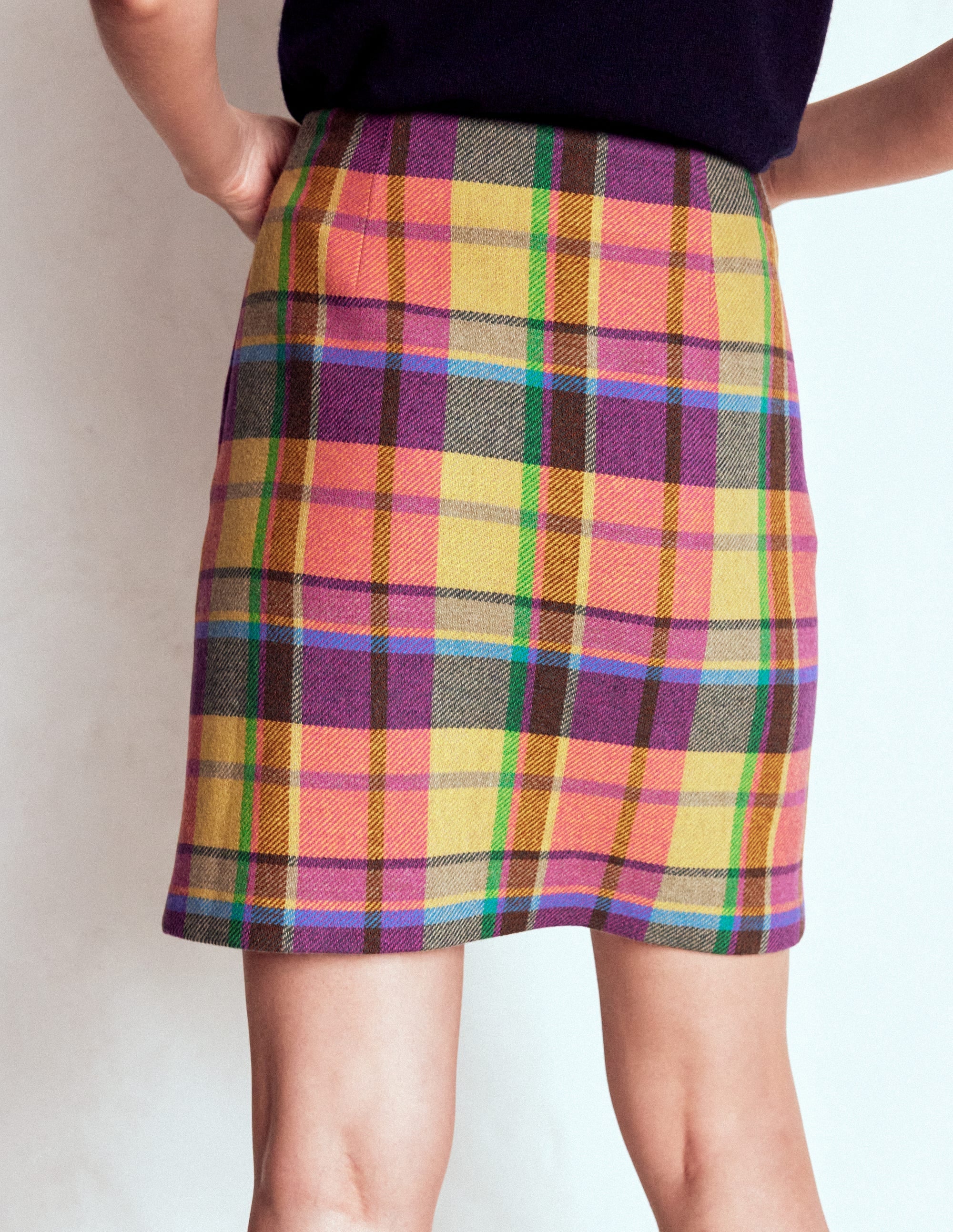 Wool Blend A-Line Skirt-Yellow, Pink and Green Check