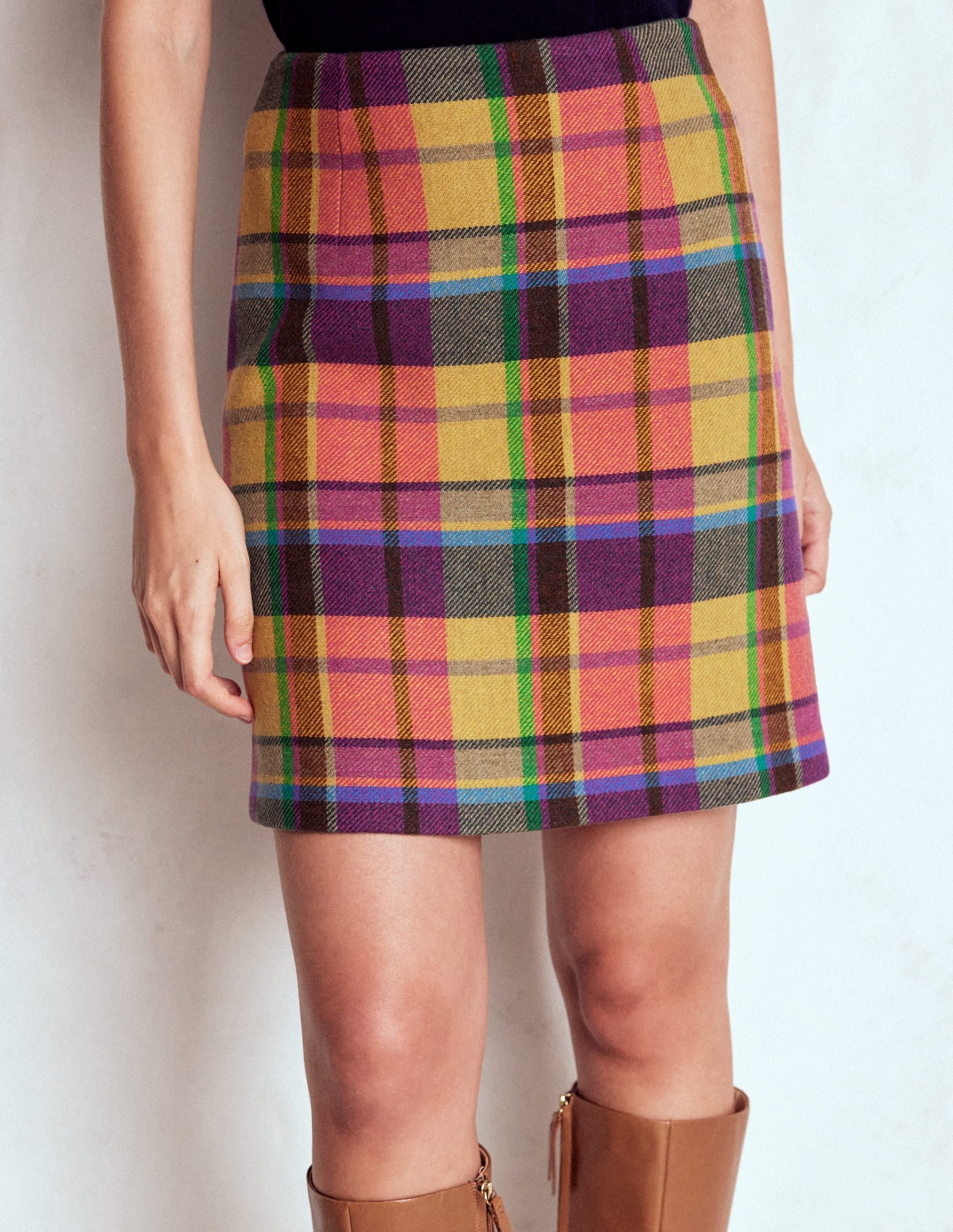 Wool Blend A-Line Skirt-Yellow, Pink and Green Check