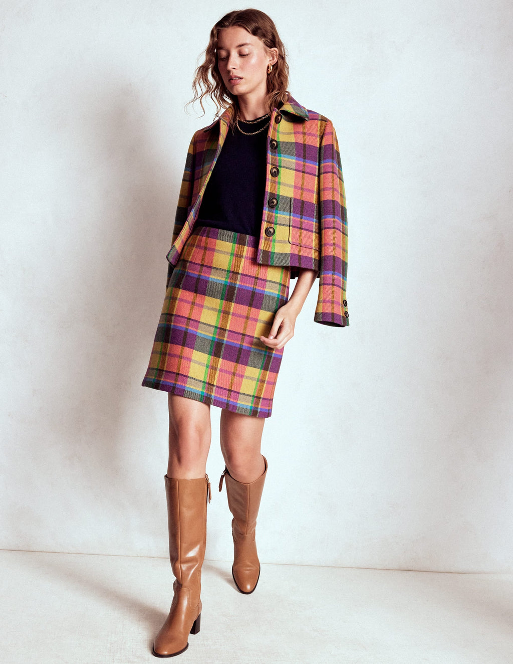 Wool Blend A-Line Skirt-Yellow, Pink and Green Check