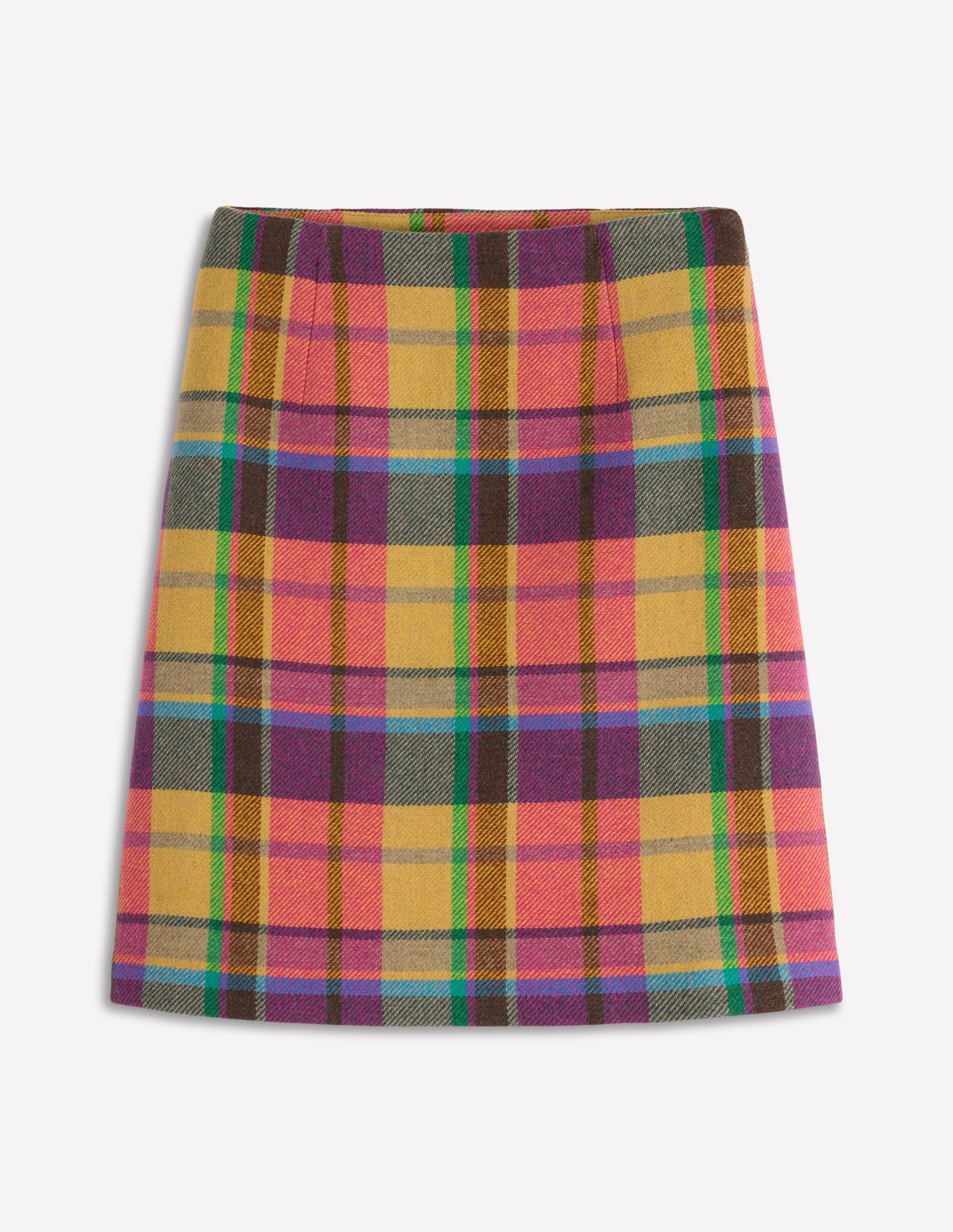 Wool Blend A-Line Skirt-Yellow, Pink and Green Check