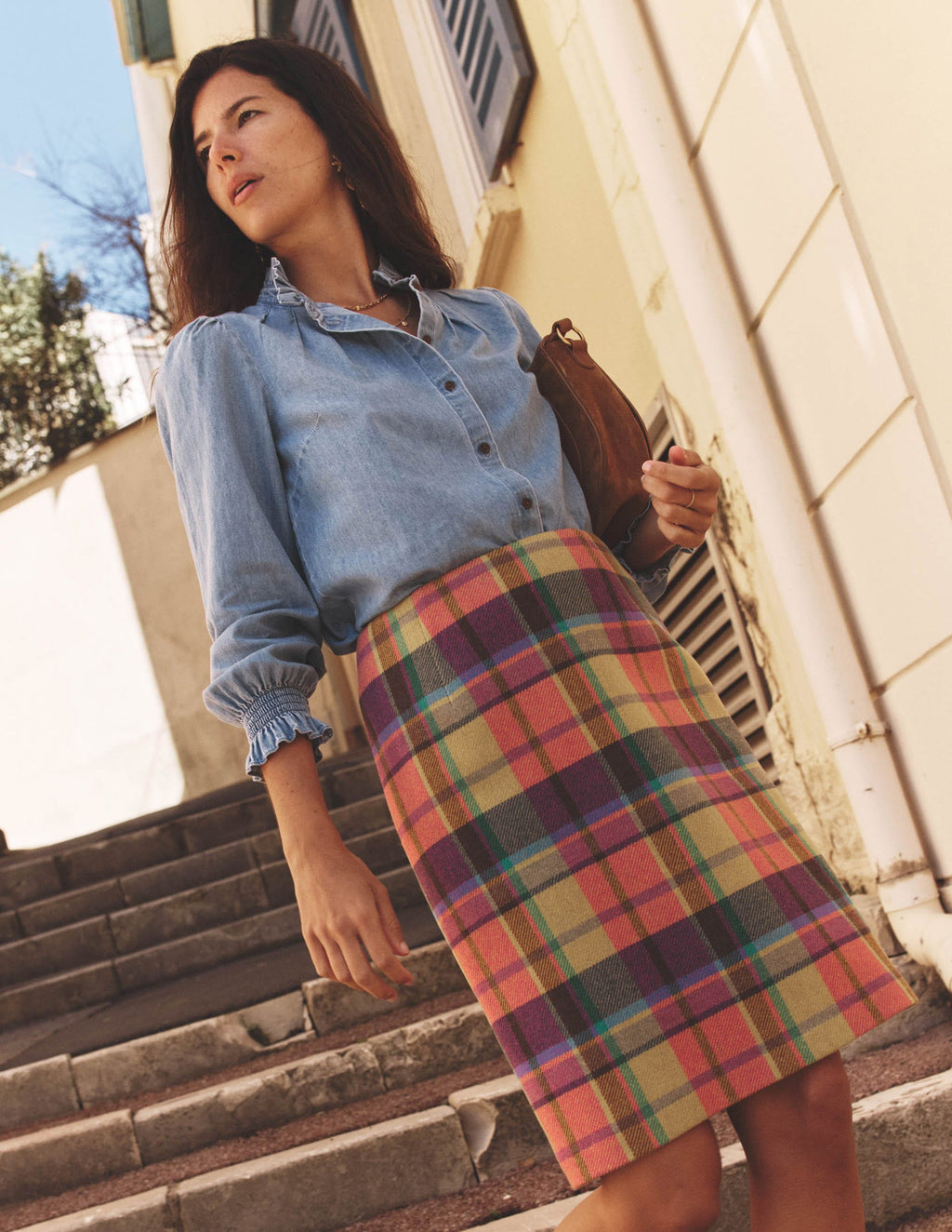Wool Blend A-Line Skirt-Yellow, Pink and Green Check