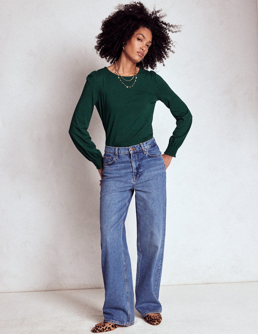 Smocked Cuff Supersoft Top-Green Pine