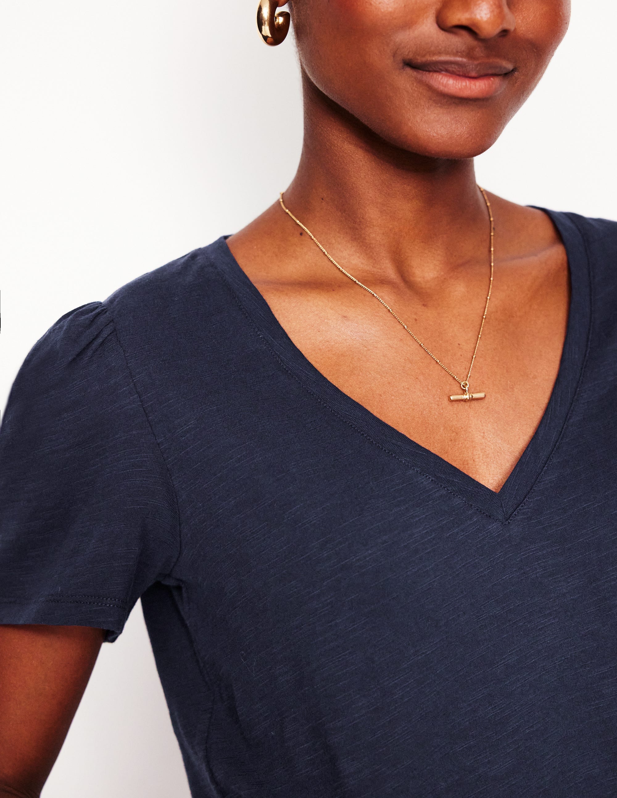 Sophie V-neck Slub T-shirt-Navy