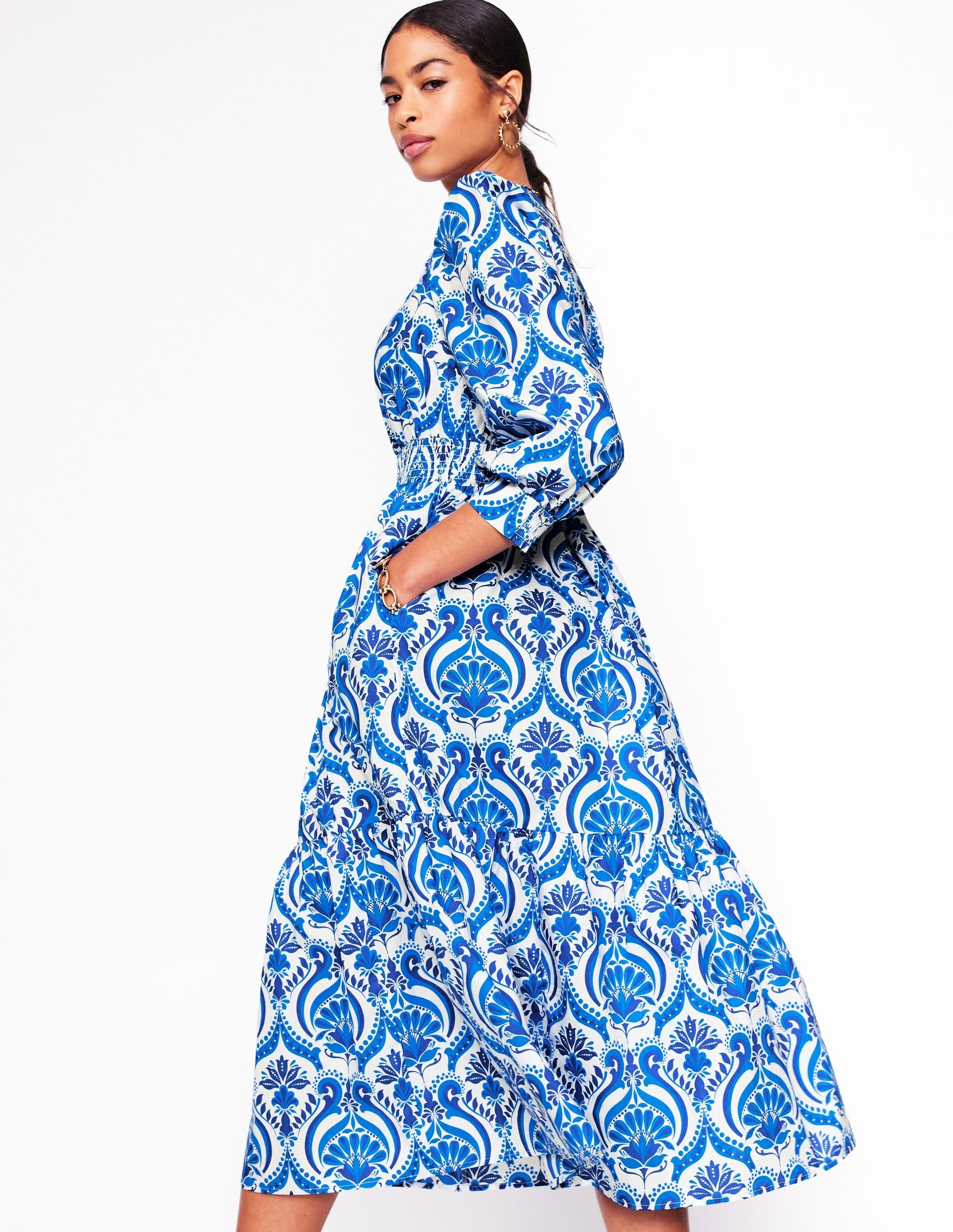 Elena Tiered Cotton Midi Dress-Blue, Ornamental Floral