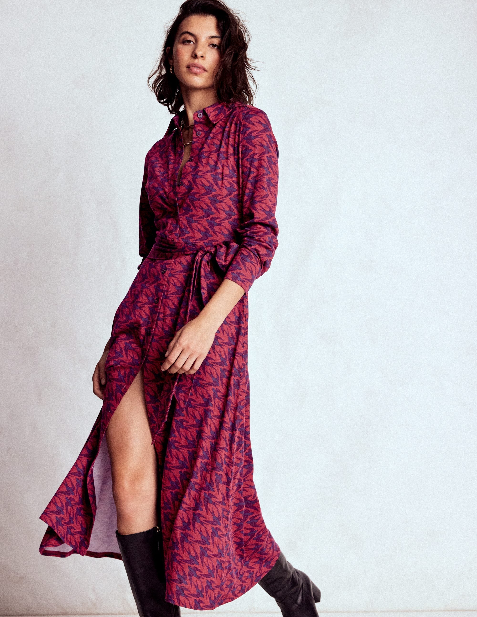 Marcia Jersey Shirt Dress-Burgundy Red, Swooping Swallow