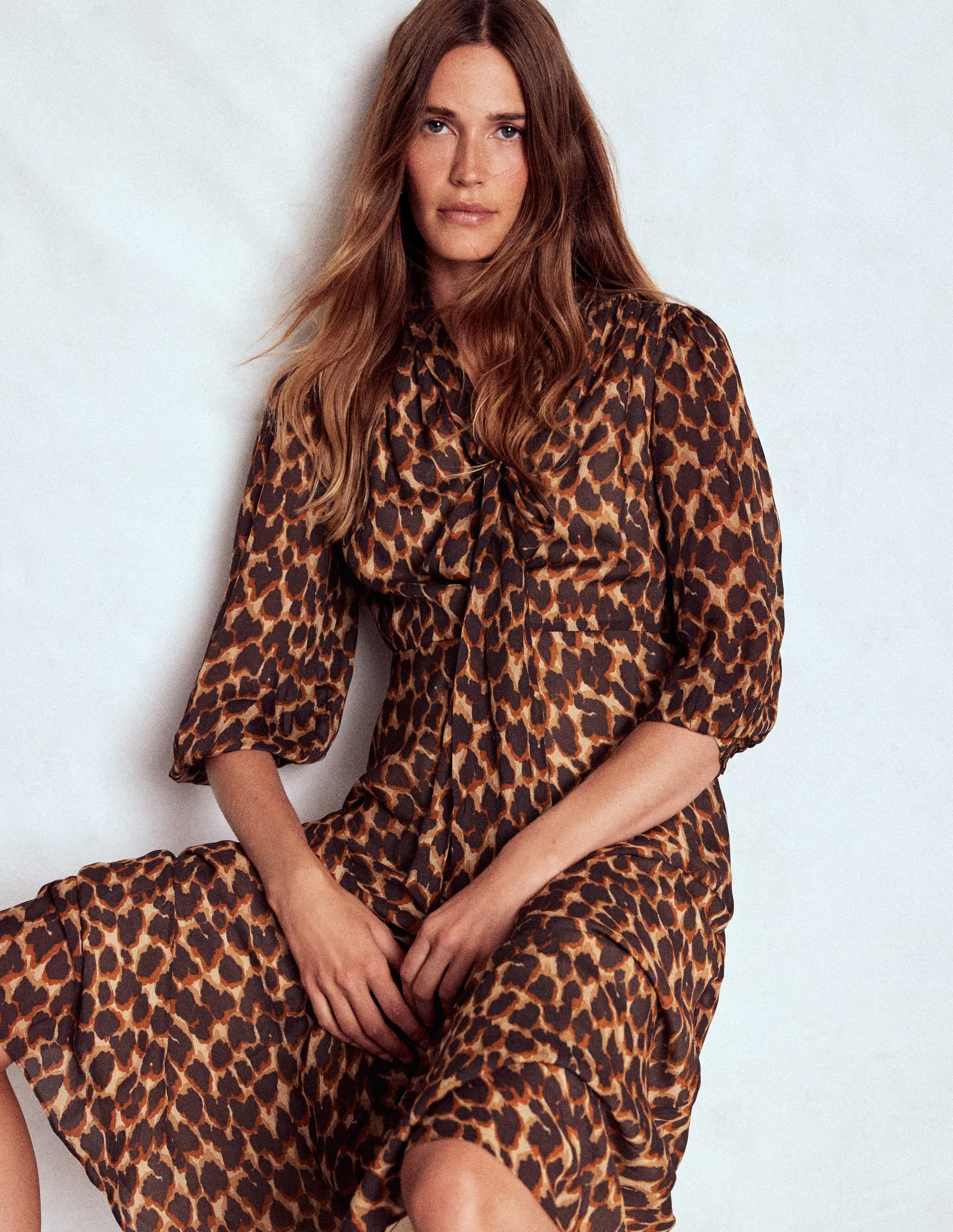 Brooke Tie Neck Tea Dress-Sand, Abstract Leopard Spot