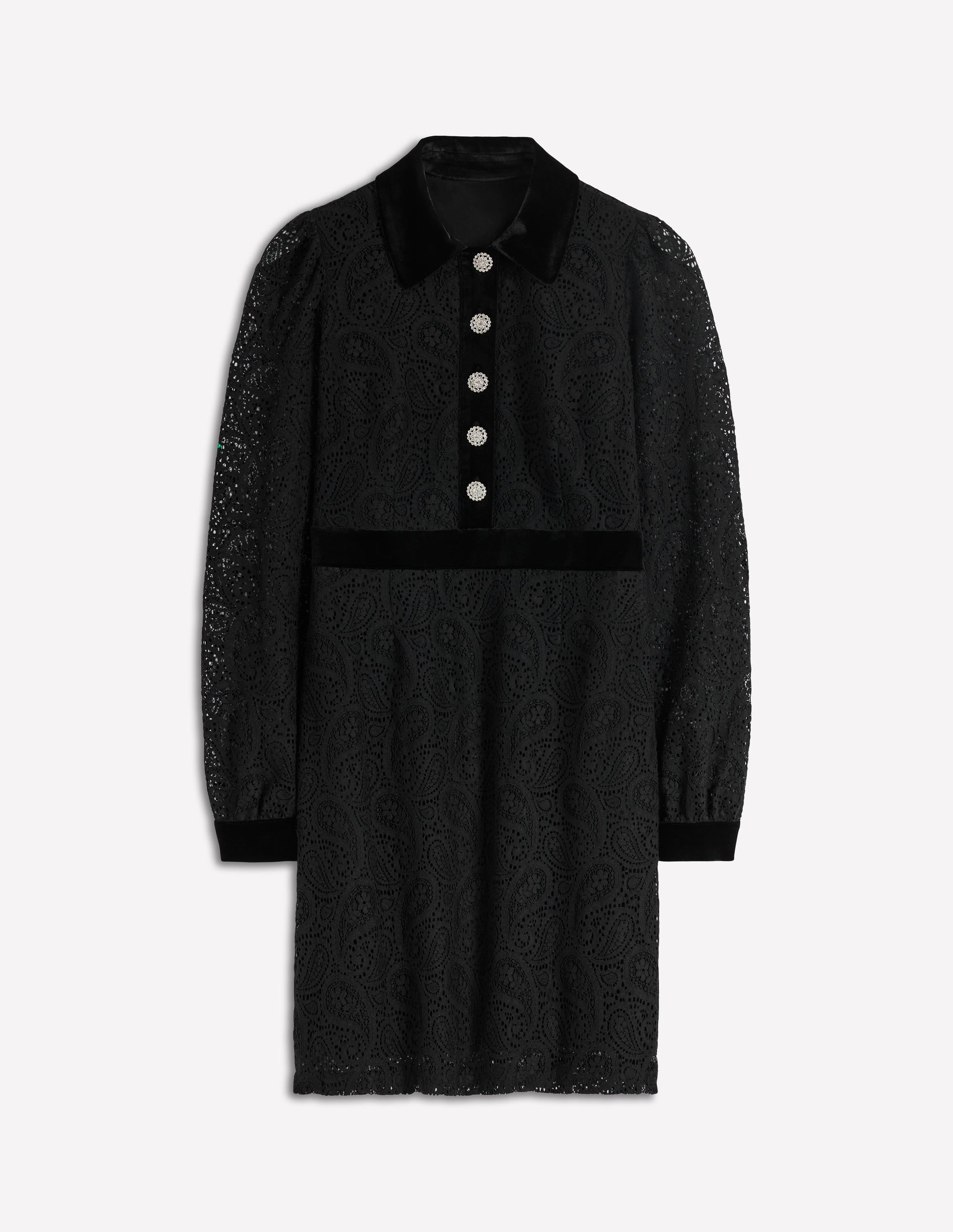 Collar Button Lace Dress-Black